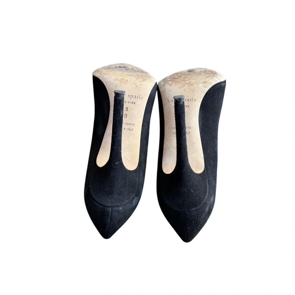 Kate Spade - Black Suede Pointed Toe Pumps Crystal Bow Heels Size 8